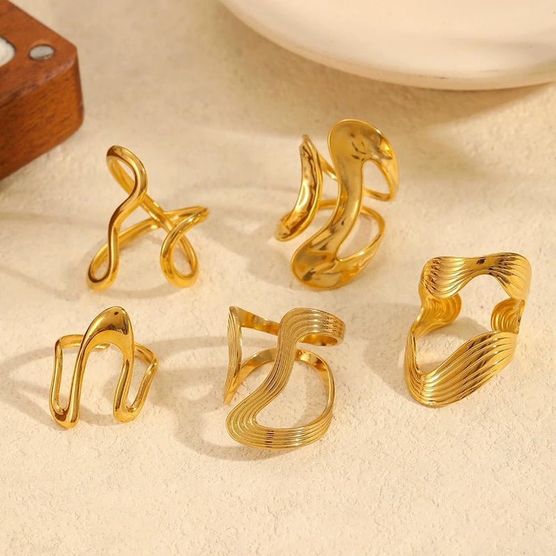 AiTURE Chunky Rings For Women, Gold Silver Thumb Ring Asymmetrical Wavy Curve Ring Adjustable Non Tarnish Dainty Stainless Steel New Year Anniversary Birthday Jewelry Gift - Image 4